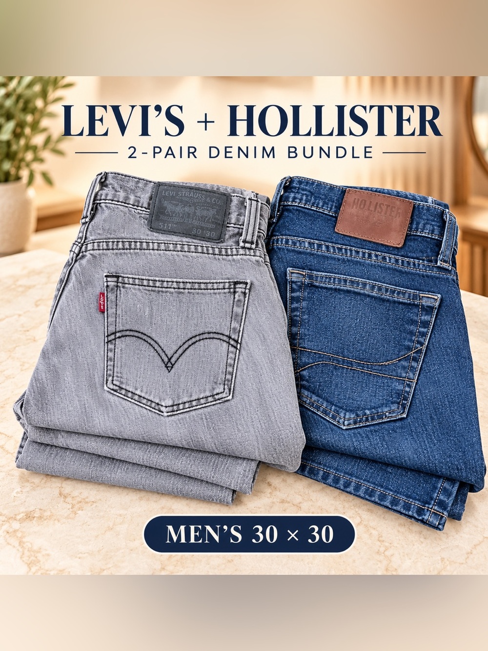 2 PAIRS Levi’s 511 & Hollister Jeans Bundle Men’s 30x30 Gray Blue